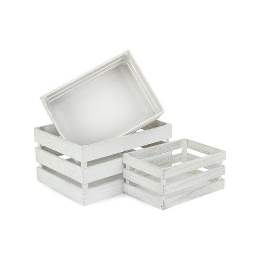 Vintage White Wash Slatted Wooden Crate Set 3