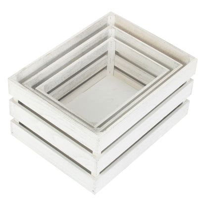 Vintage White Wash Slatted Wooden Crate Set 3