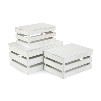 Vintage White Wash Slatted Wooden Box with Lid Set 3