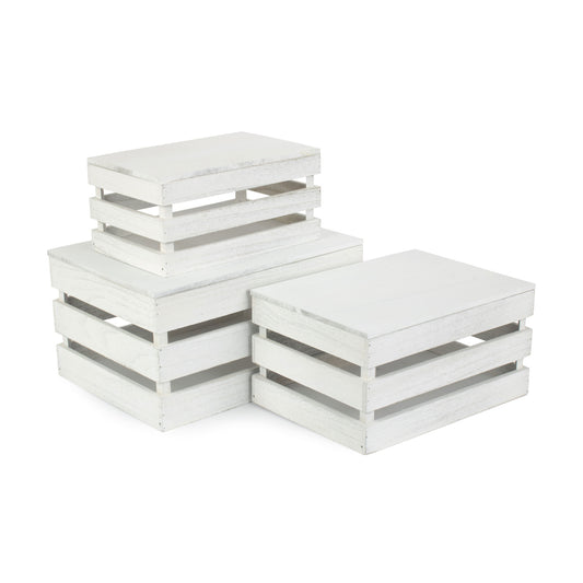 Vintage White Wash Slatted Wooden Box with Lid Set 3