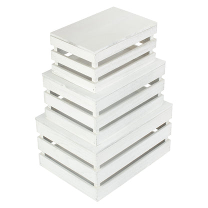 Vintage White Wash Slatted Wooden Box with Lid Set 3
