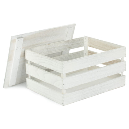 Large Vintage White Wash Slatted Wooden Box with Lid