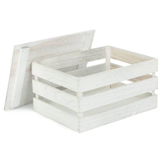 Large Vintage White Wash Slatted Wooden Box with Lid
