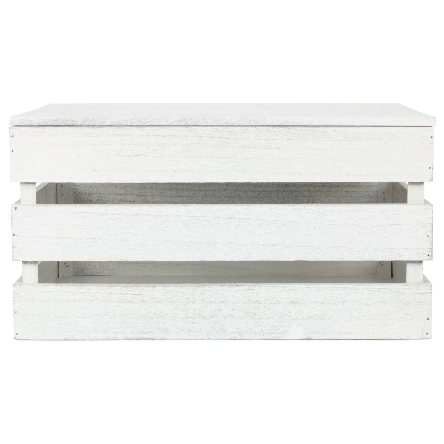 Large Vintage White Wash Slatted Wooden Box with Lid