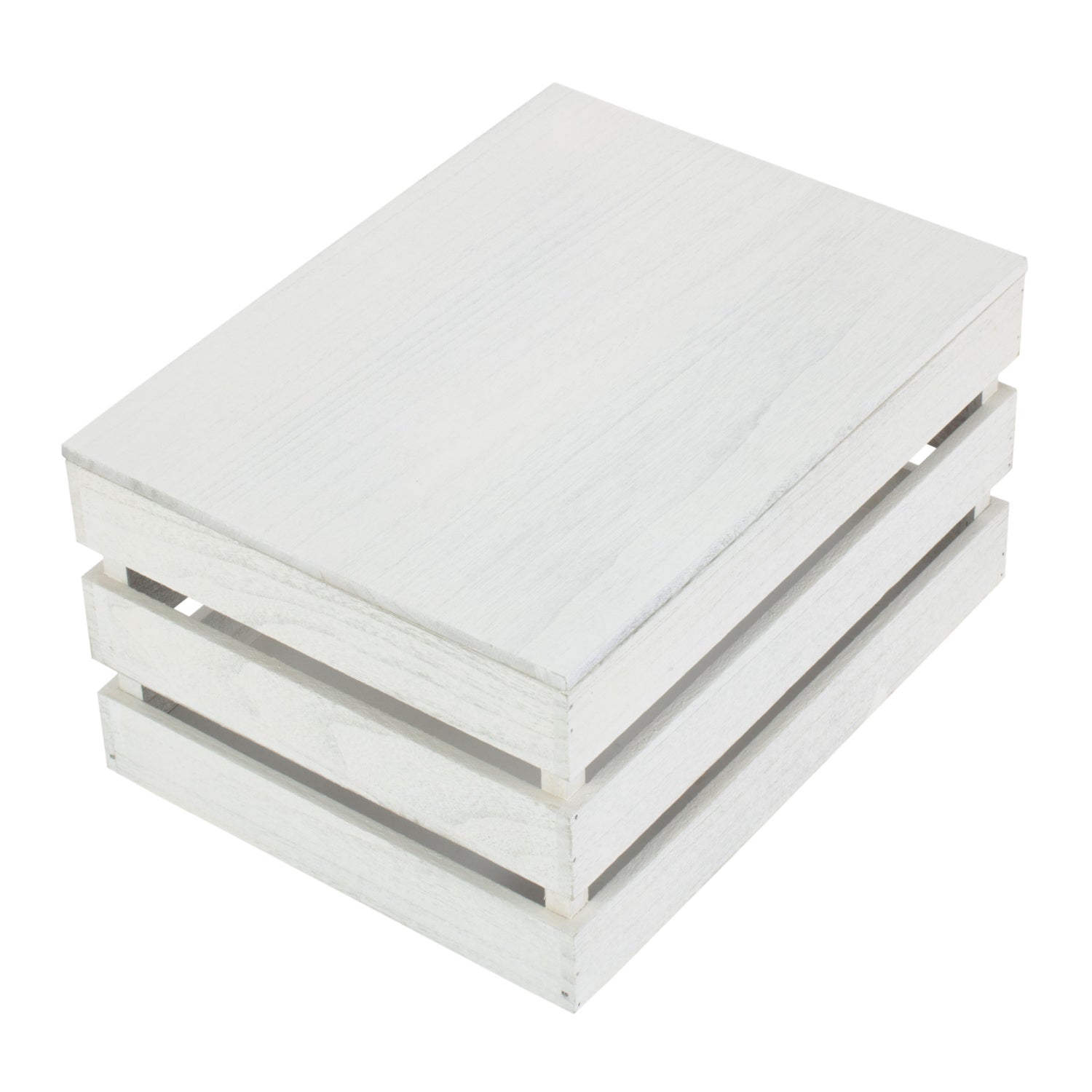 Large Vintage White Wash Slatted Wooden Box with Lid