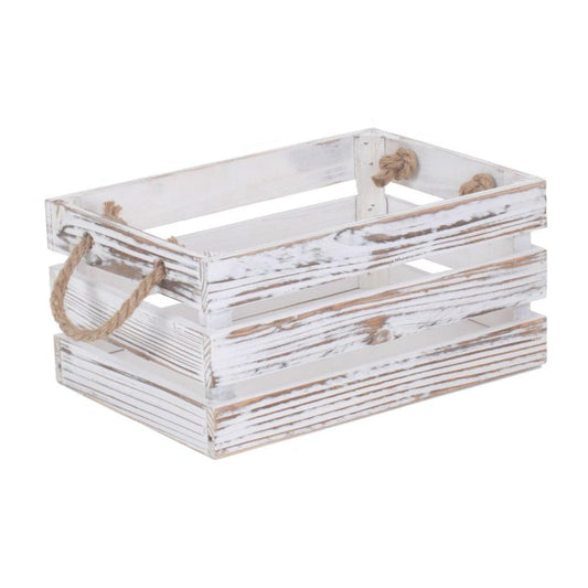 Small Distressed White Washed Rope Handled Crate