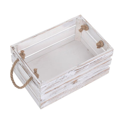 Small Distressed White Washed Rope Handled Crate