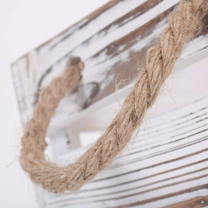 Small Distressed White Washed Rope Handled Crate