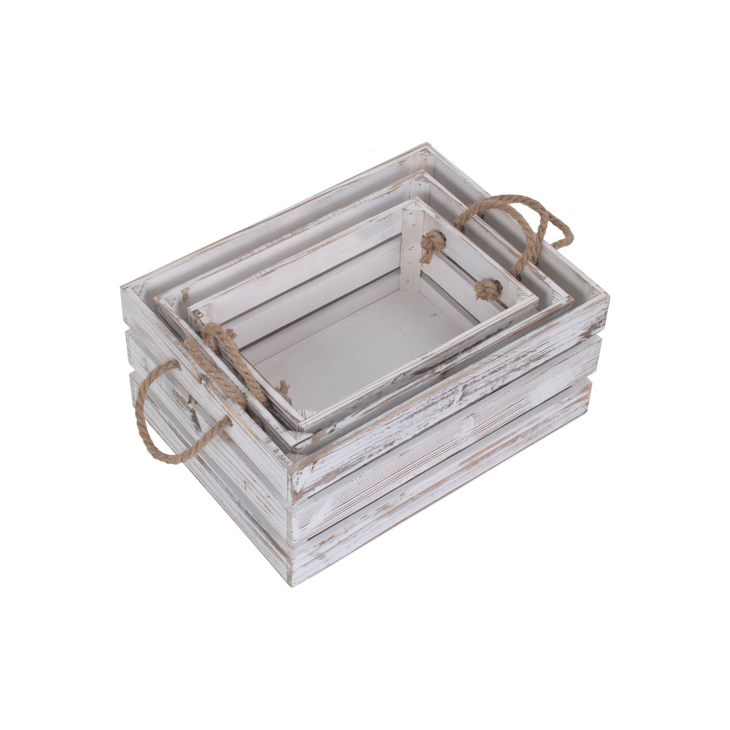 Distressed White Rope Handled Crate Set 3