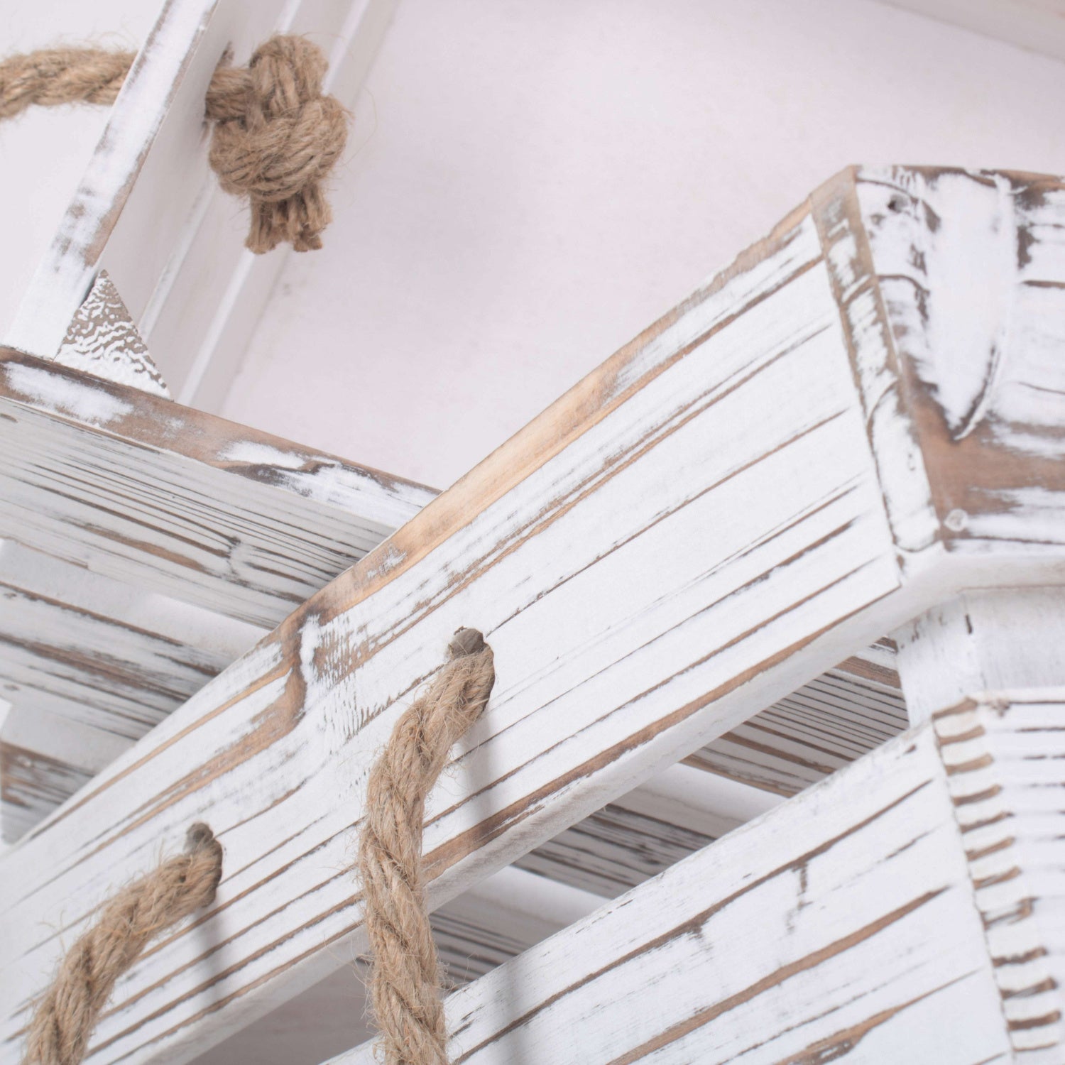 Distressed White Wash Rope Handled Crate Set 3