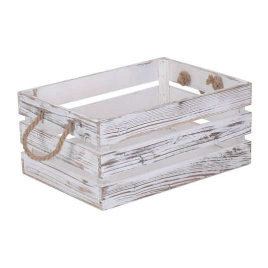 Medium Distressed White Wash Rope Handled Crate