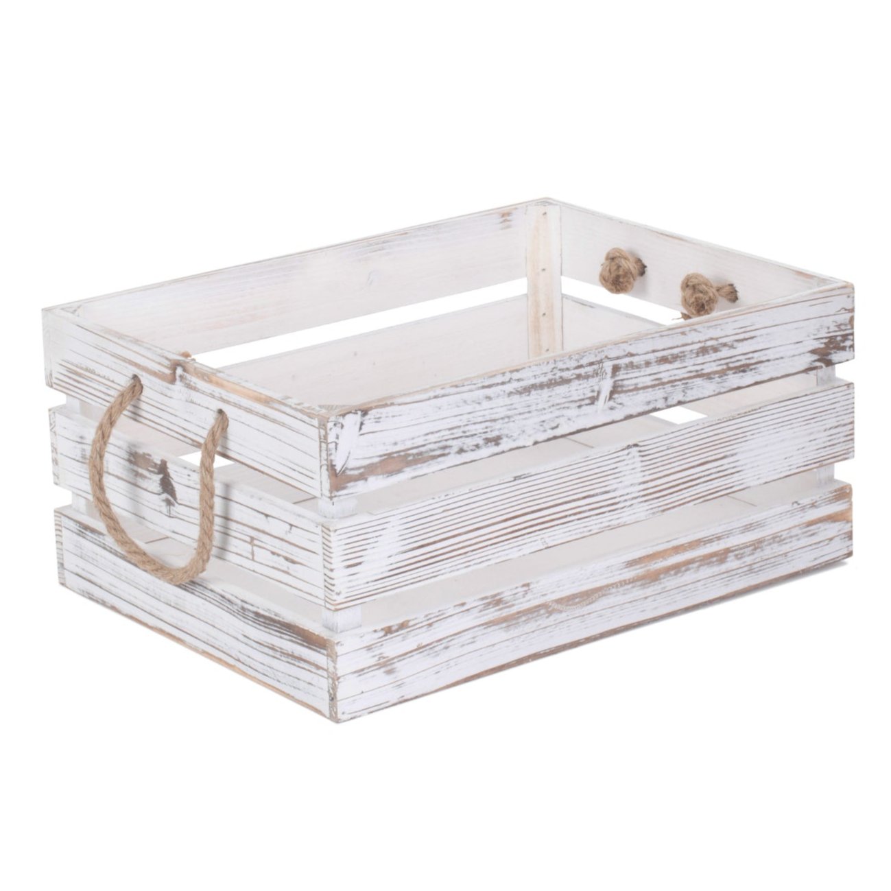 Large Distressed White Wash Rope Handled Crate