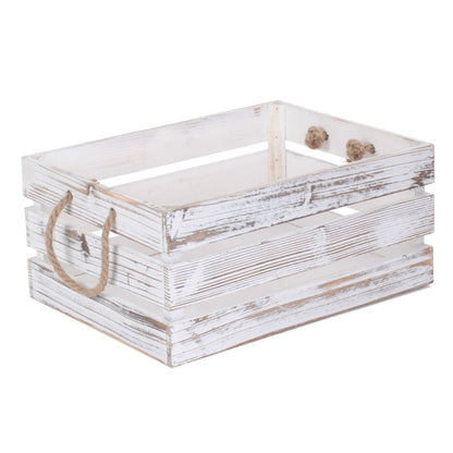 Large Distressed White Wash Rope Handled Crate