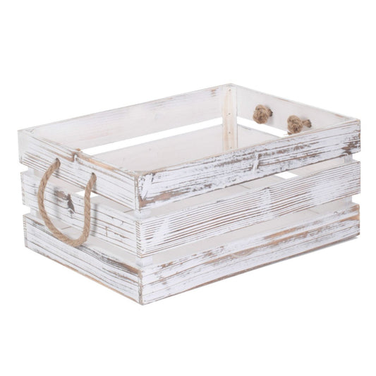 Large Distressed White Wash Rope Handled Crate