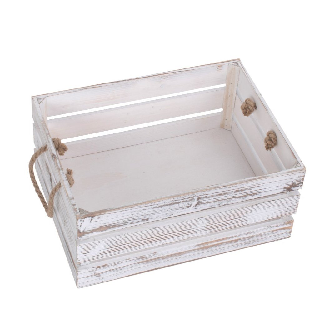 Large Distressed White Wash Rope Handled Crate