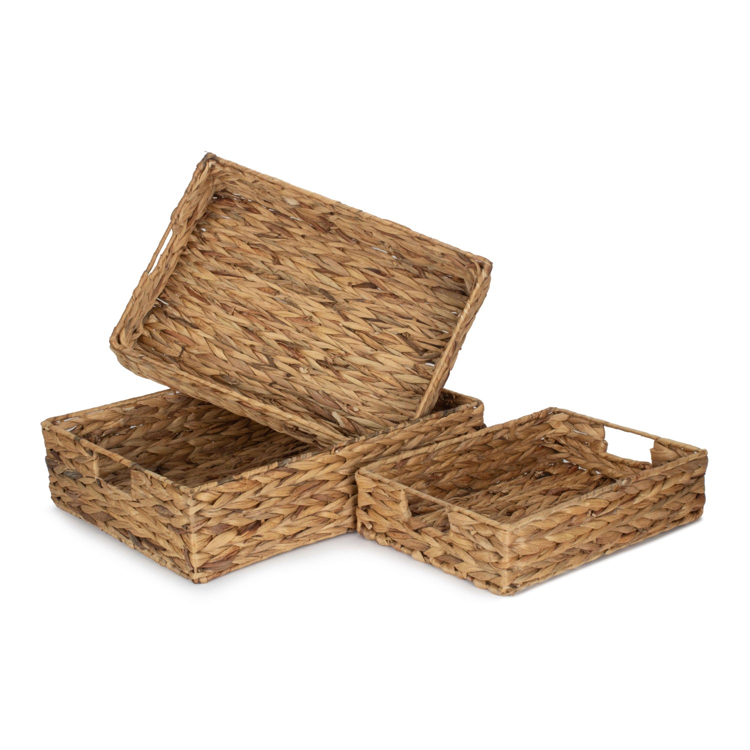 Water Hyacinth Shallow Rectangular Storage Tray Basket Set 3