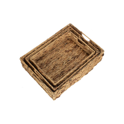 Water Hyacinth Shallow Rectangular Storage Tray Basket Set 3