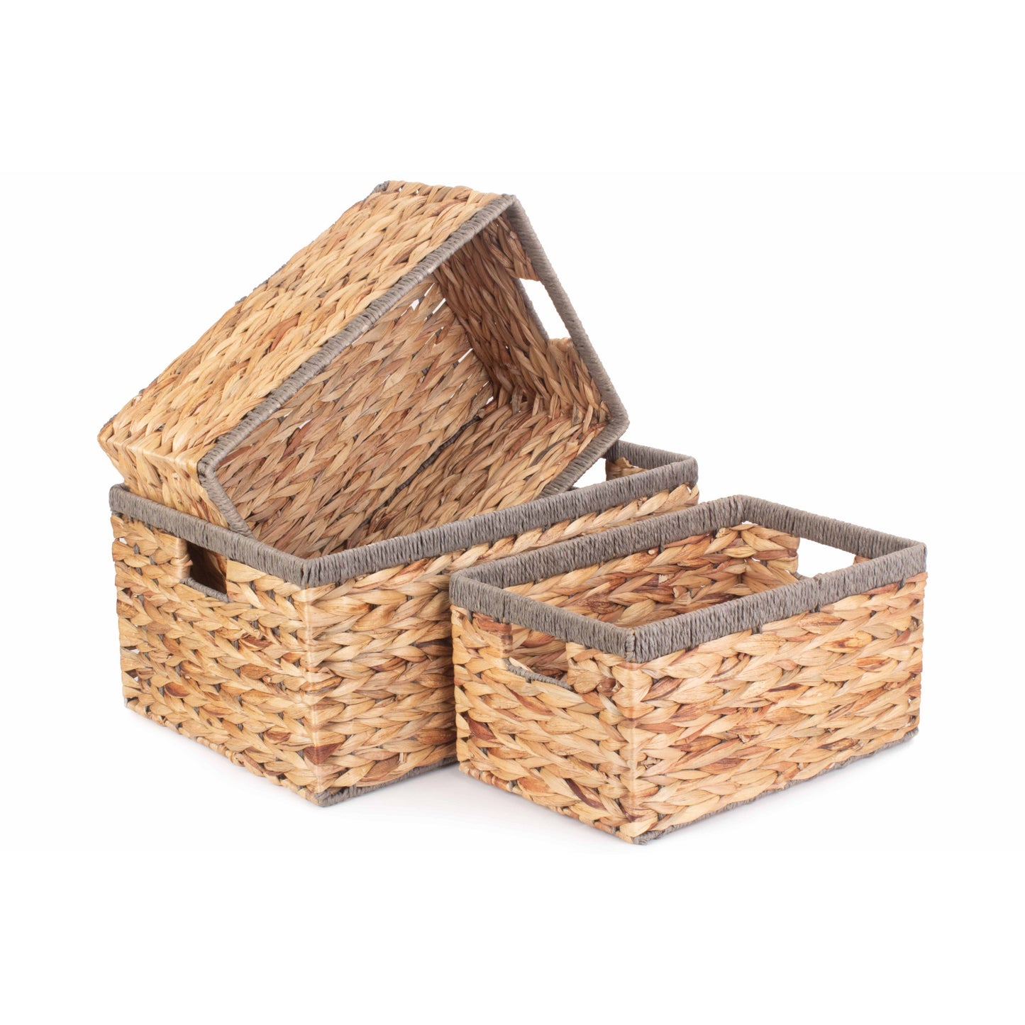 Water Hyacinth Rectangular Storage Basket Set 3 With Grey Rope Border