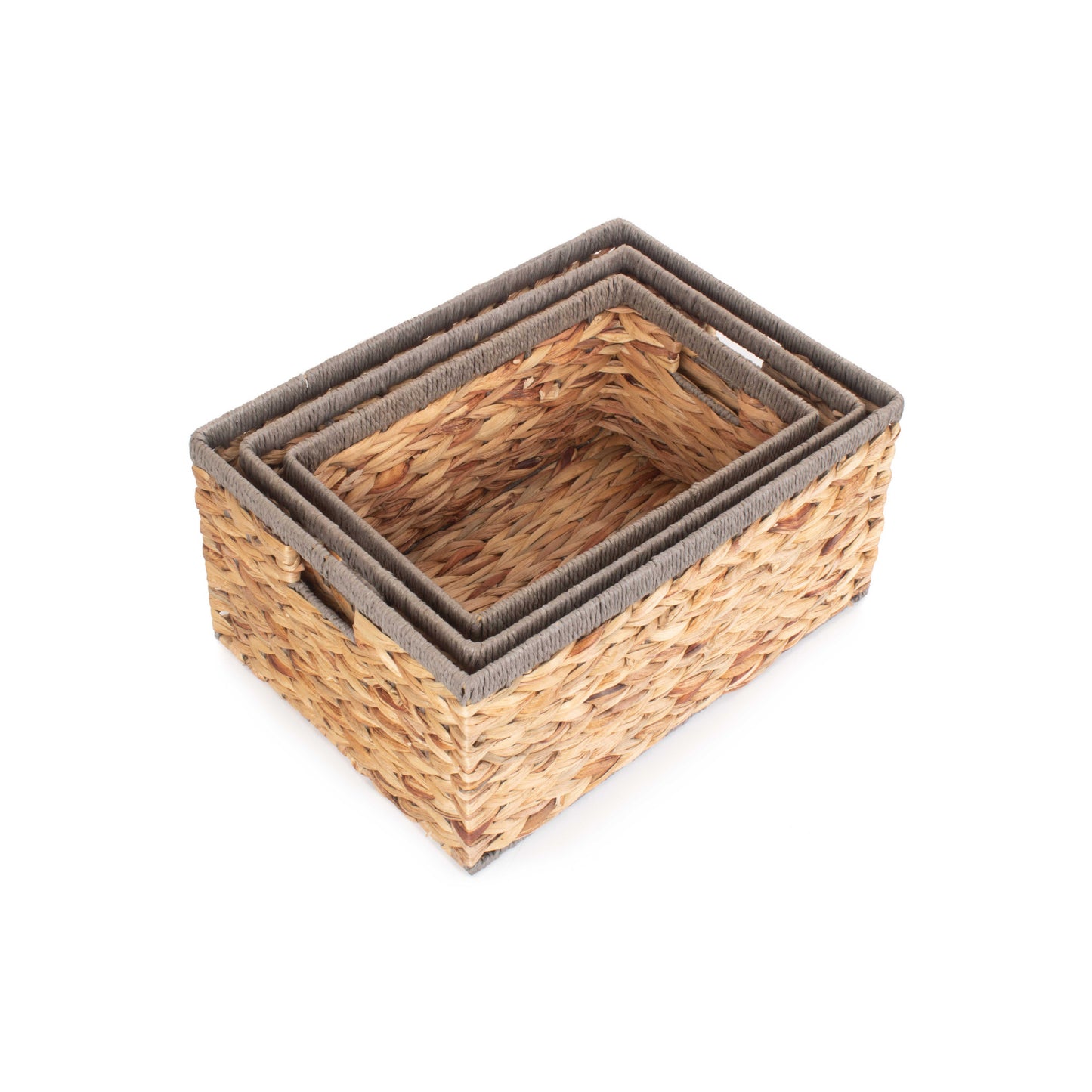 Water Hyacinth Rectangular Storage Basket Set 3 With Grey Rope Border