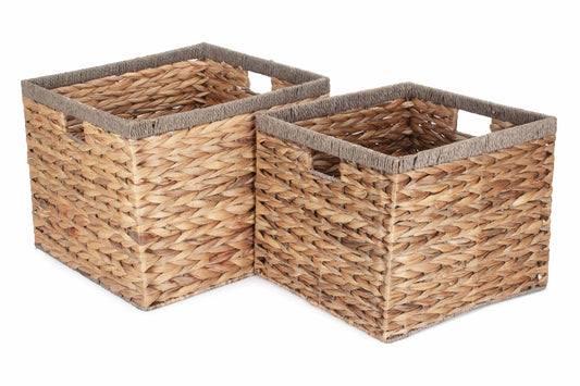 Square Water Hyacinth Storage Baskets With Grey Rope Border Set of 2