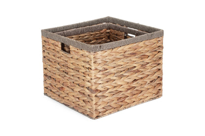Square Water Hyacinth Storage Baskets With Grey Rope Border Set of 2