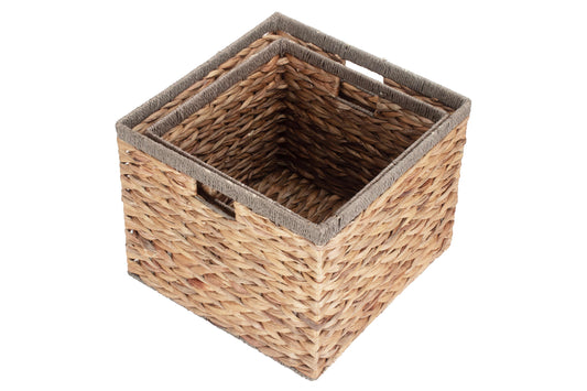 Square Water Hyacinth Storage Baskets With Grey Rope Border Set of 2