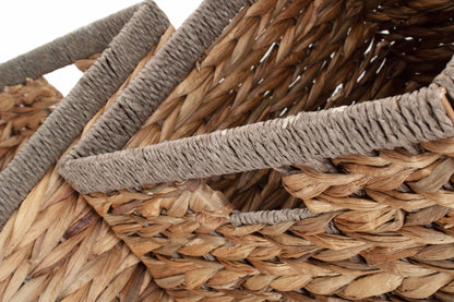 Square Water Hyacinth Storage Baskets With Grey Rope Border Set of 2