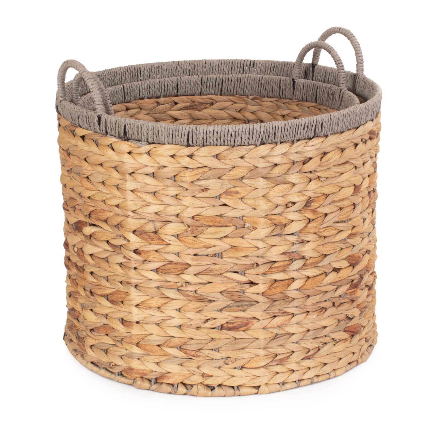 Round Water Hyacinth Storage Baskets With Grey Rope Border Set of 2