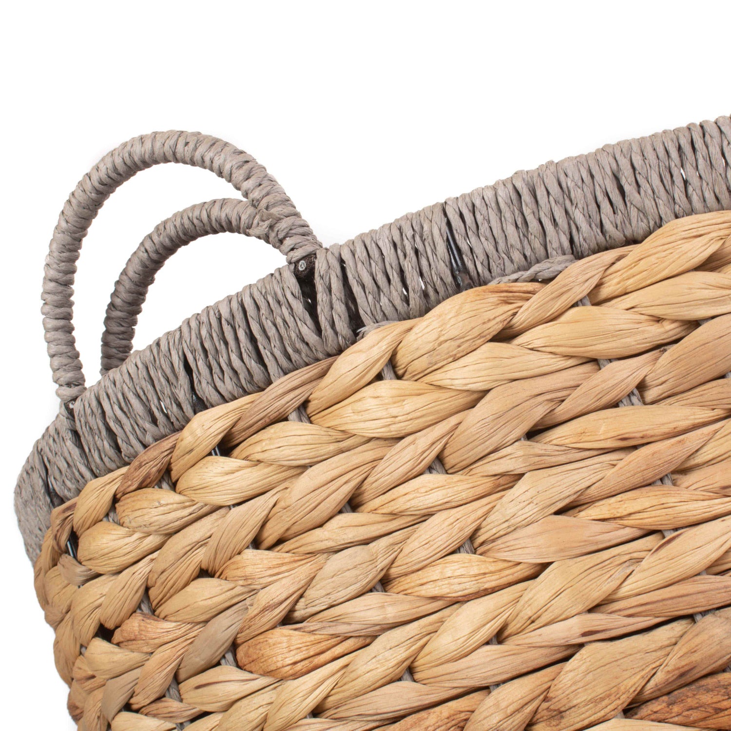 Round Water Hyacinth Storage Baskets With Grey Rope Border Set of 2