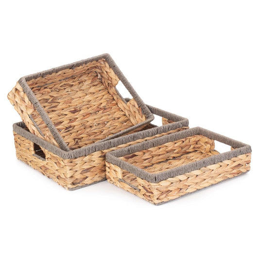 Shallow Rectangular Water Hyacinth Storage Tray Baskets Set 3 With Grey Rope Border