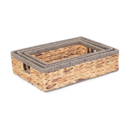 Shallow Rectangular Water Hyacinth Storage Tray Baskets Set 3 With Grey Rope Border