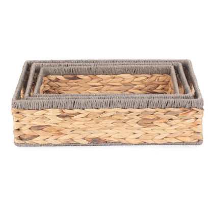 Shallow Rectangular Water Hyacinth Storage Tray Baskets Set 3 With Grey Rope Border