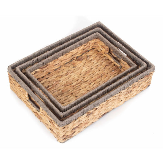 Shallow Rectangular Water Hyacinth Storage Tray Baskets Set 3 With Grey Rope Border