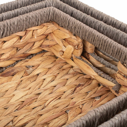 Shallow Rectangular Water Hyacinth Storage Tray Baskets Set 3 With Grey Rope Border
