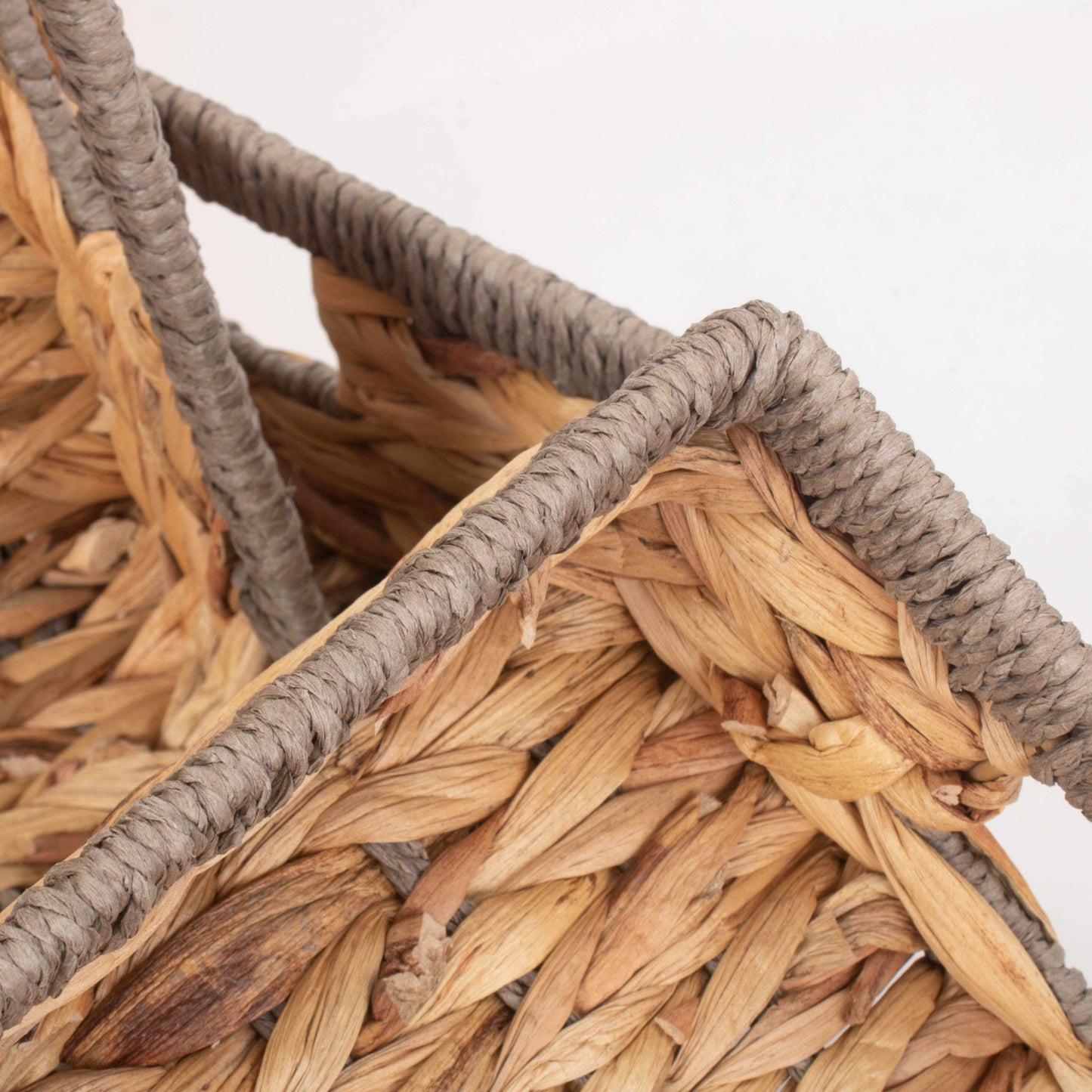 Shallow Rectangular Water Hyacinth Storage Baskets Set 3 With Grey Rope Border