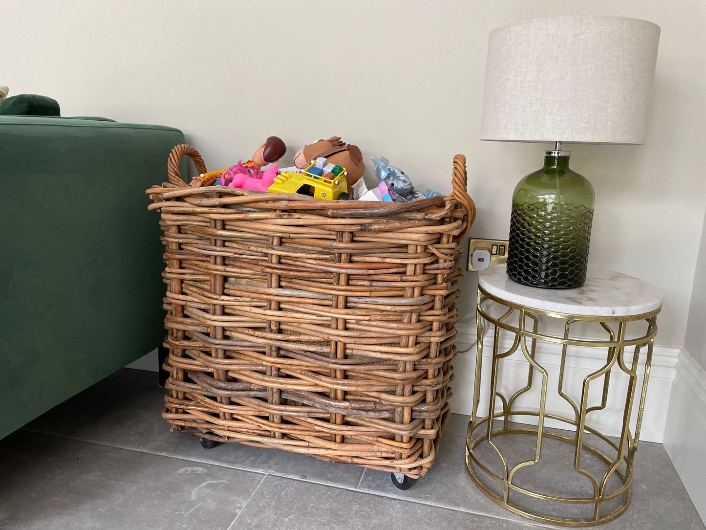 Wovenhill Bamboo Rattan Rectangle Storage Log Basket with Wheels and Hoop Handles