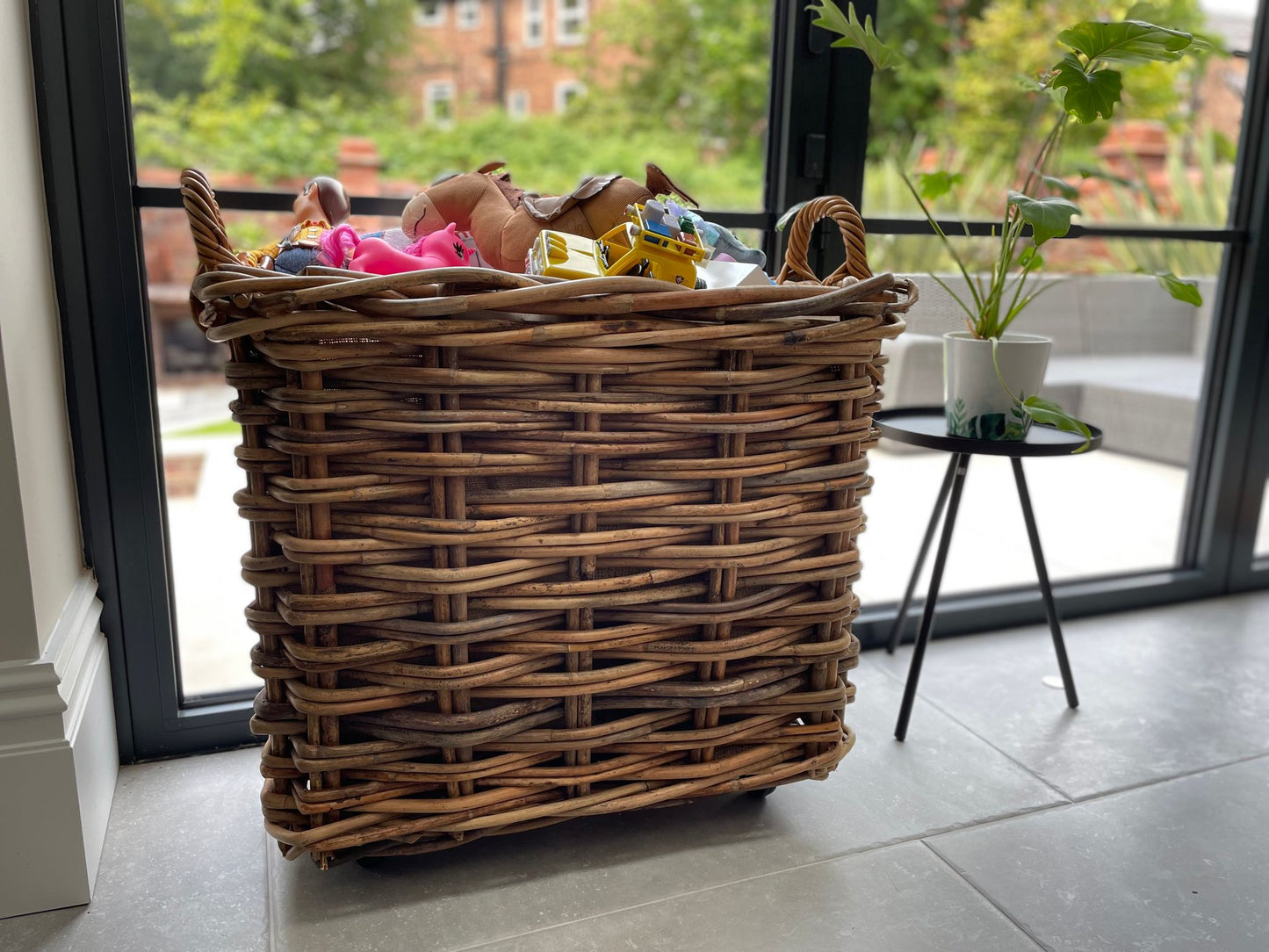 Wovenhill Bamboo Rattan Rectangle Storage Log Basket with Wheels and Hoop Handles