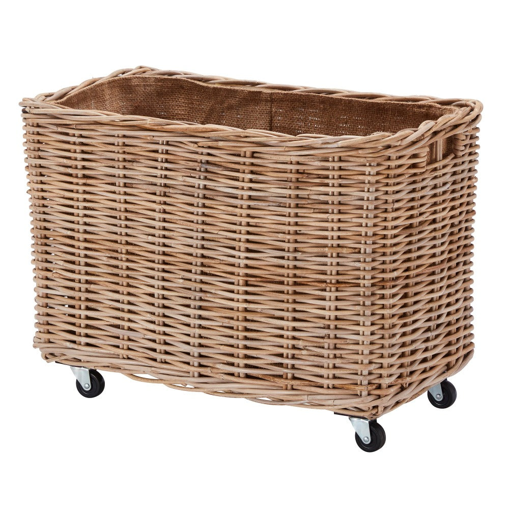 Kubu Rattan Tall Oblong Log Basket Wheels