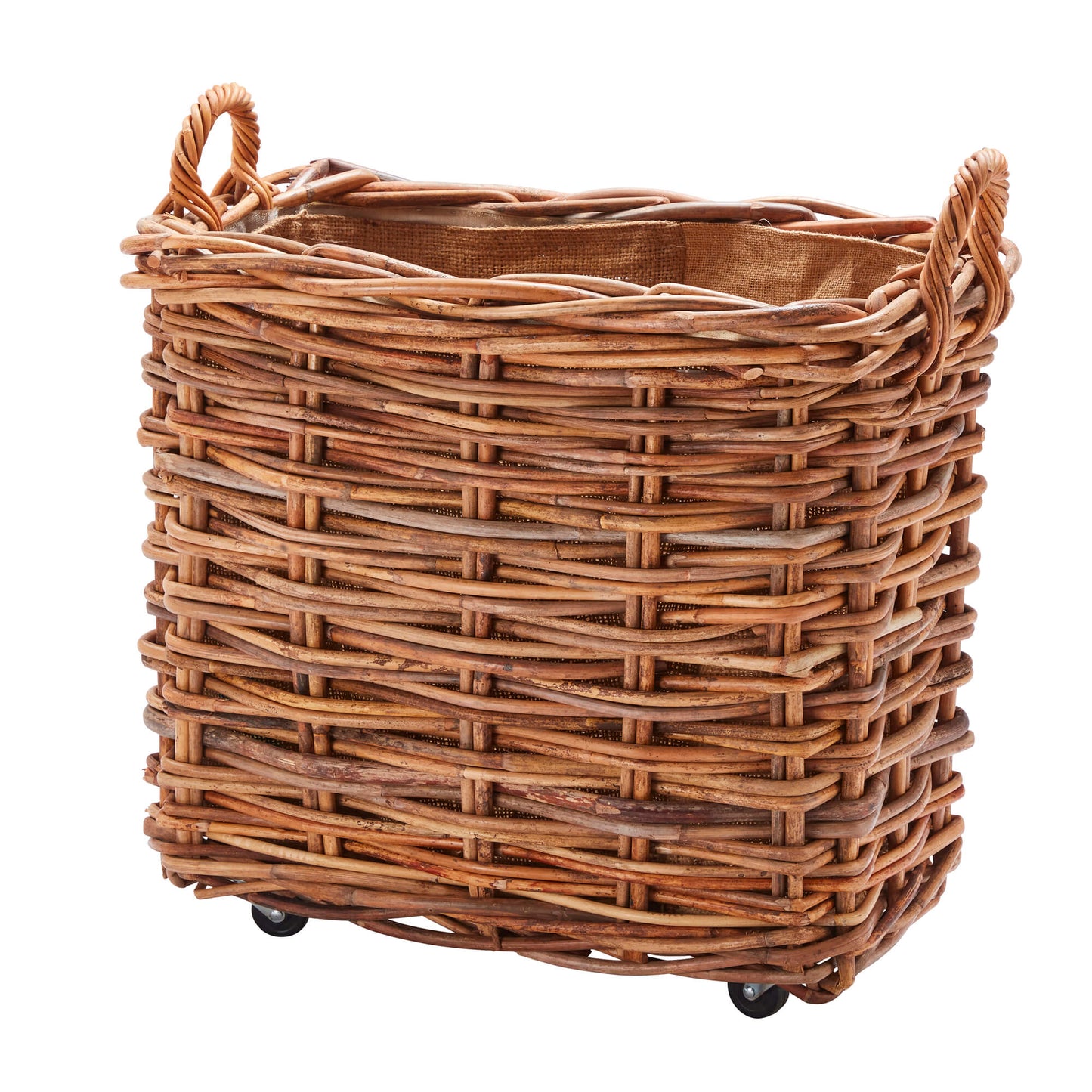 Wovenhill Bamboo Rattan Rectangle Storage Log Basket with Wheels and Hoop Handles