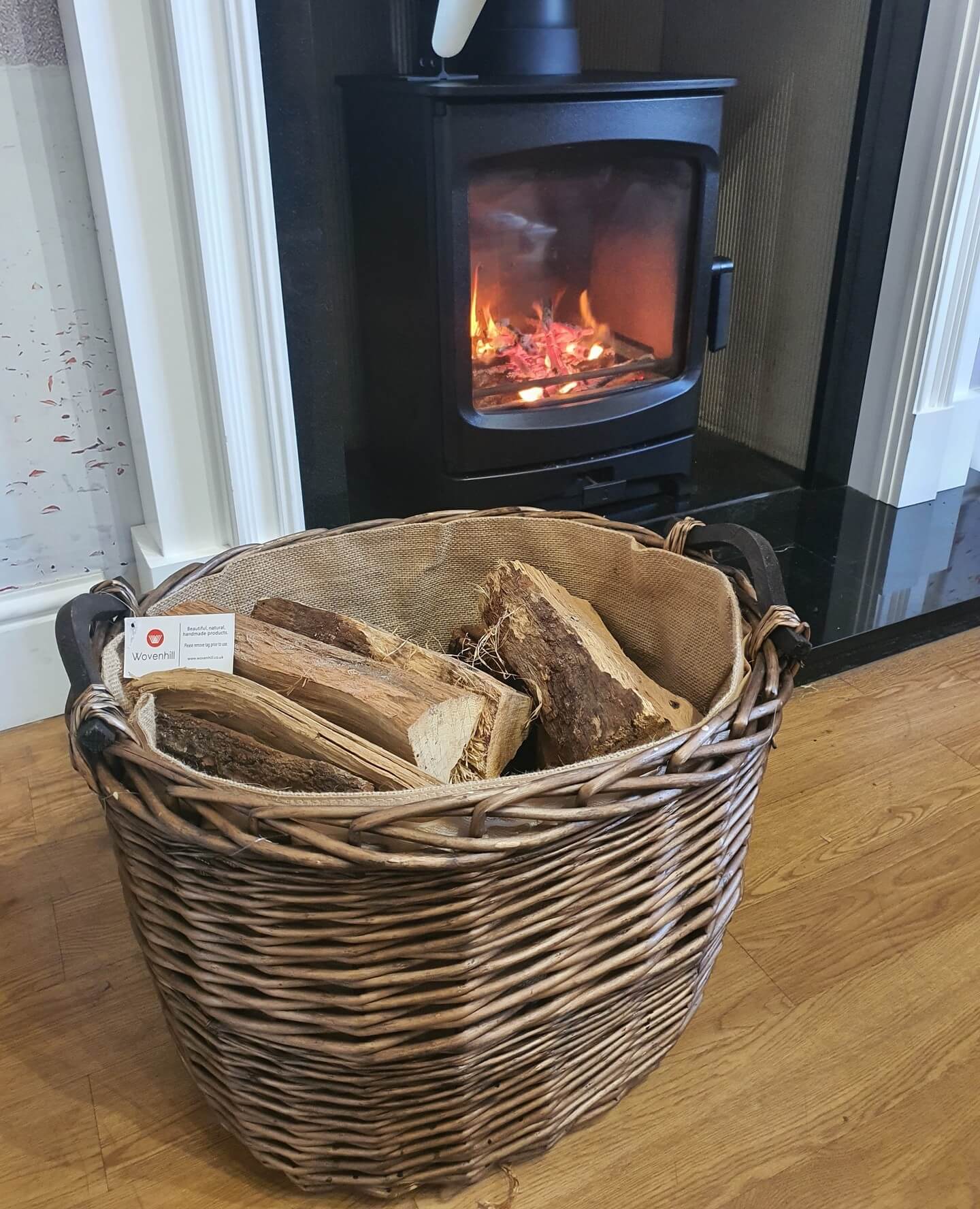 Wovenhill Oval Grey Wash Log Basket with Wooden Handles