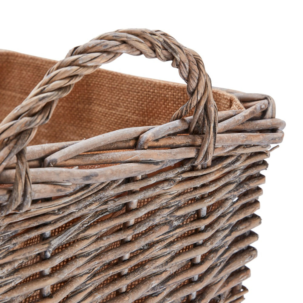 Wovenhill Wicker Grey Wash Rectangular Log Basket with Hoop Handles