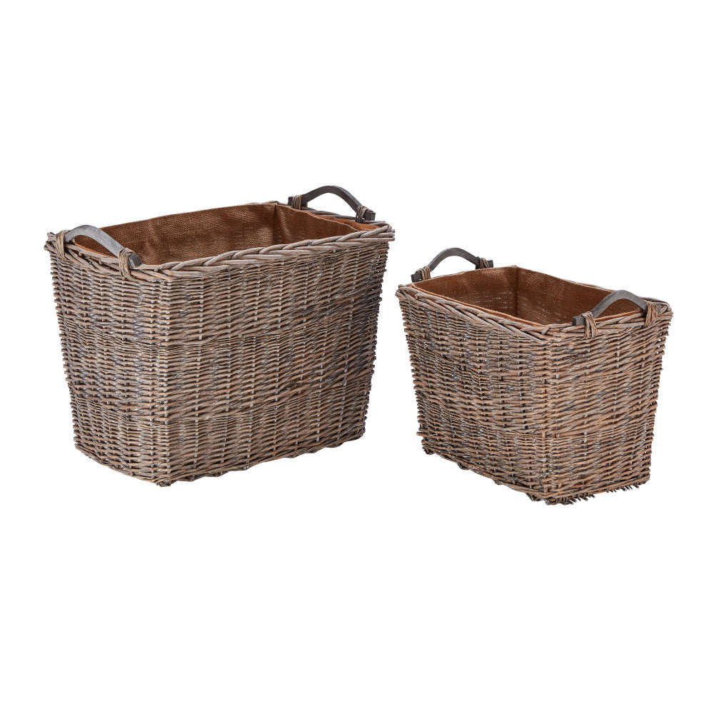 Wovenhill Grey Wash Rectangular Log Basket with Wooden Handles